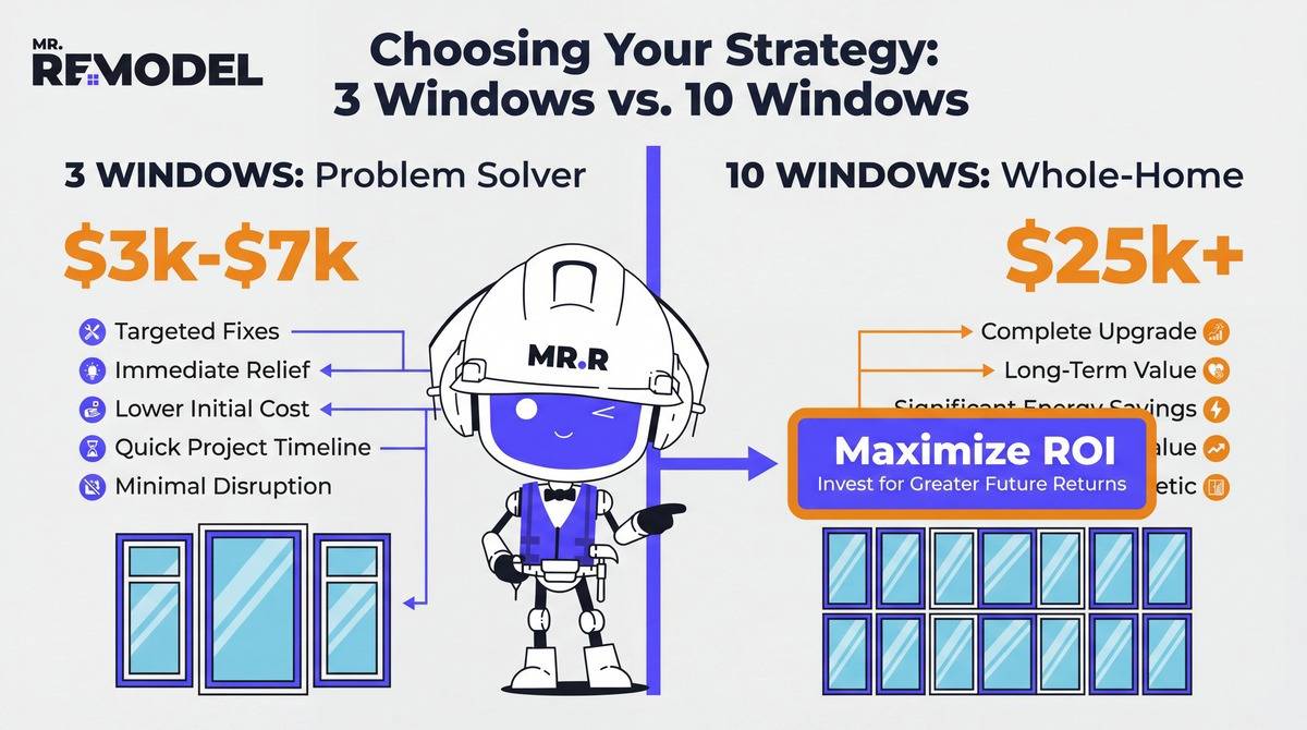 An infographic comparing the 3-window "Problem Solver" and 10-window "Whole-Home" strategies, including typical costs and benefits for each approach.